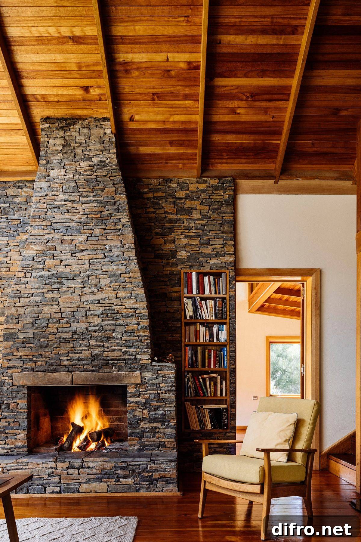 Grand natural stone fireplace in a rustic living space