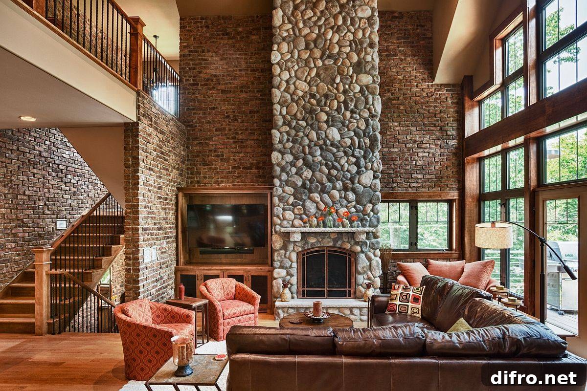 Double-height fireplace with a blend of stone and brick