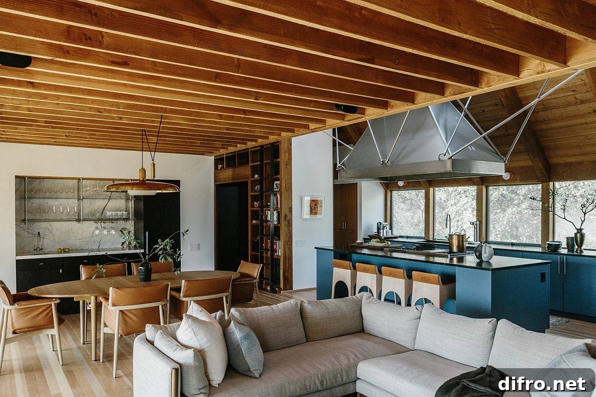 Modern living room featuring a woodsy ceiling