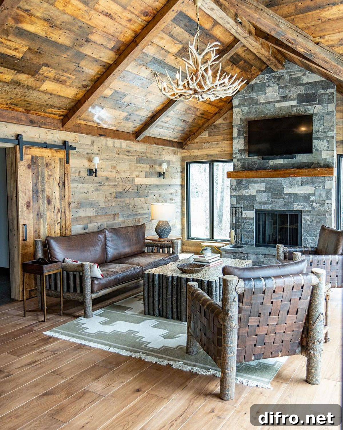 Reclaimed pine wood panels in a modern rustic living space