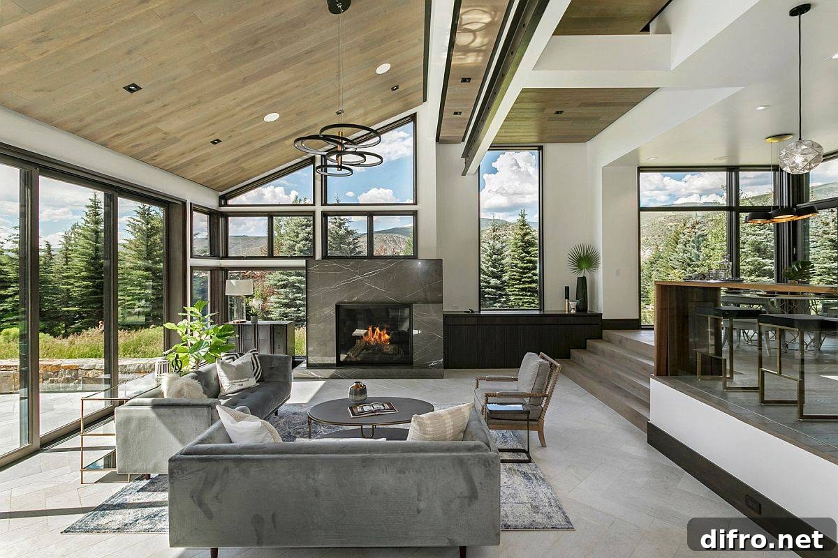 Rustic living space with glass walls revealing outdoor scenery