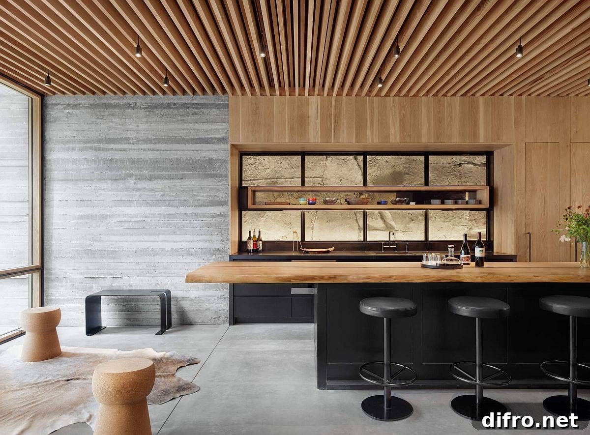Interior of wine cave showing Douglas fir, stone and concrete