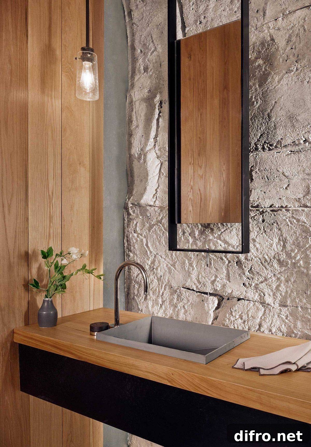 Floating vanity and limestone walls in wine cave restroom