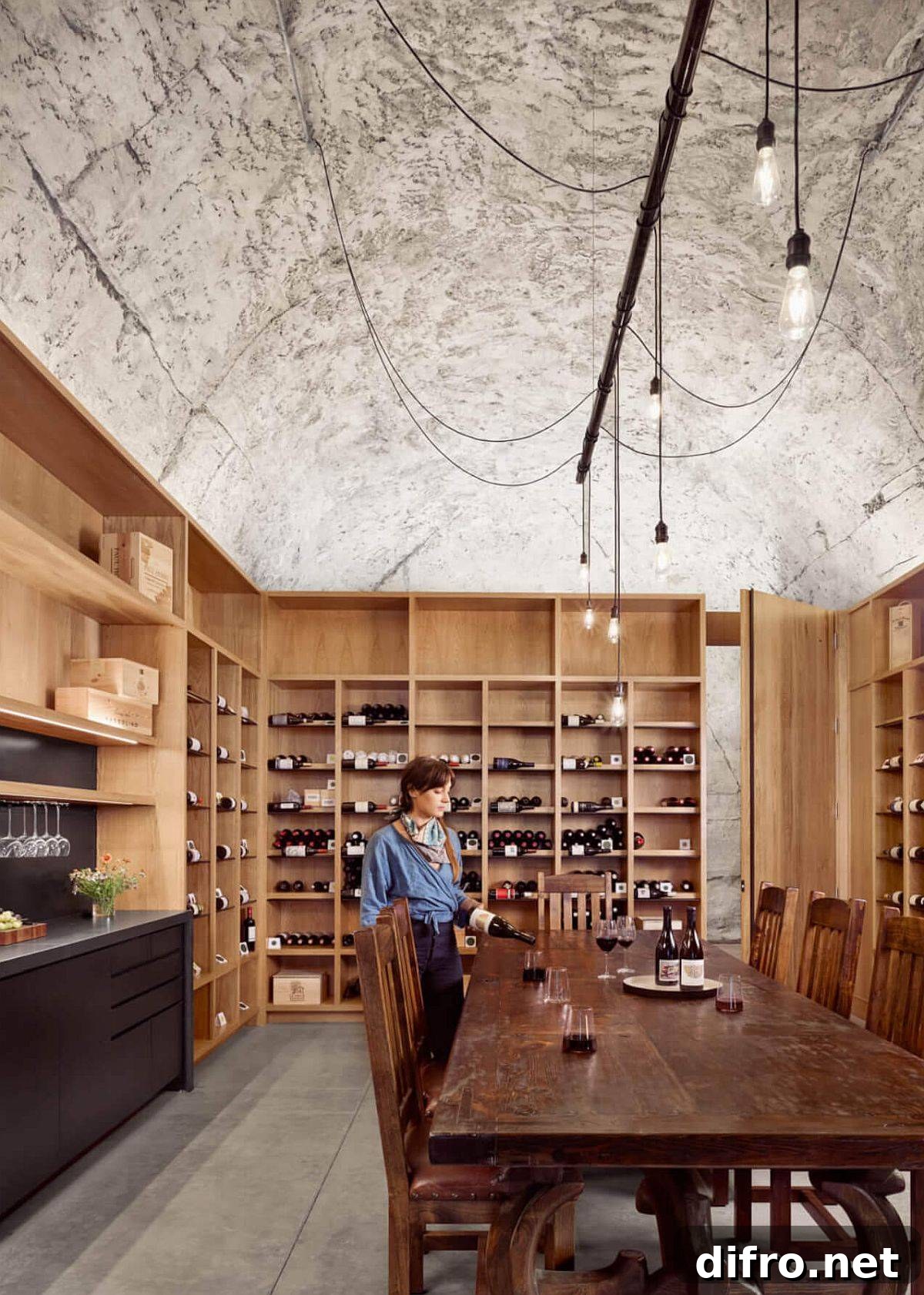 Tasting area and wine storage in Texas wine cave
