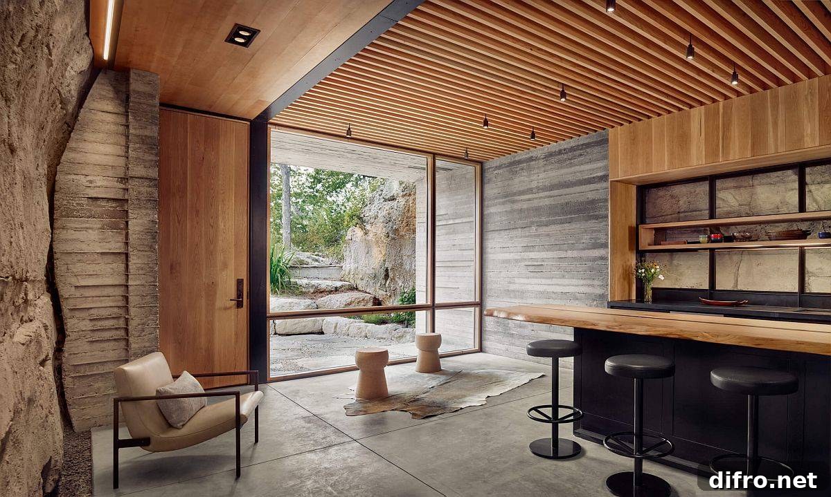 Steel and wood windows in wine cellar