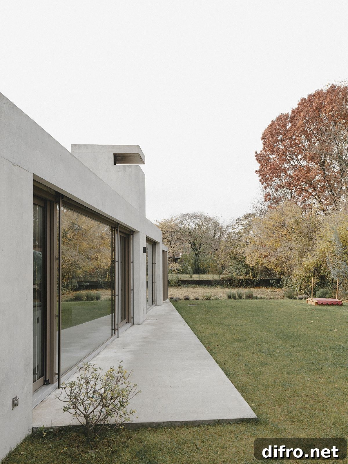 Minimal concrete deck extending into the backyard