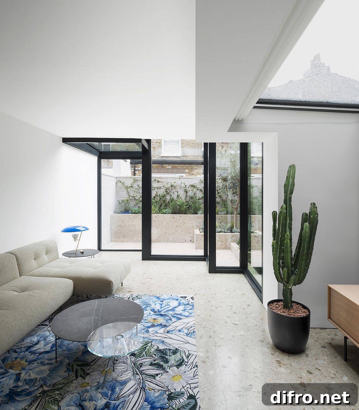 Box-style glass enclosures with skylight bring light into the house