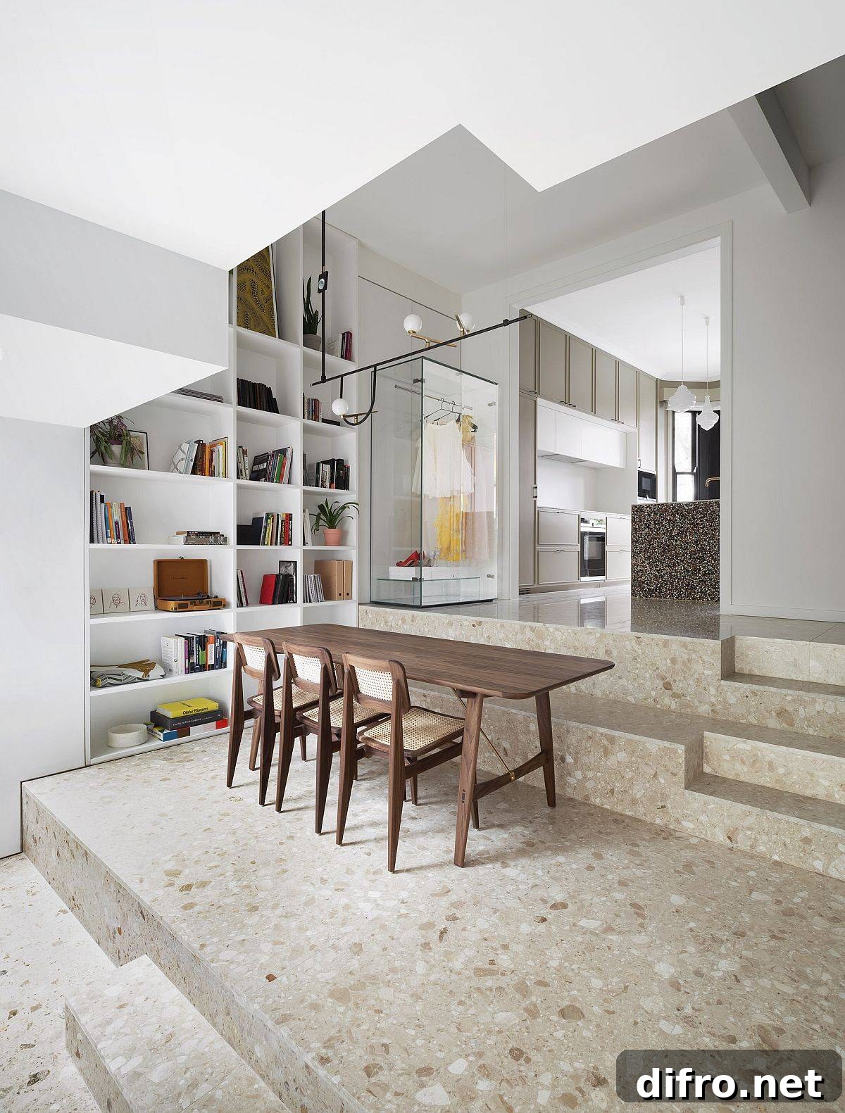Multi-level interior with terrazzo floor