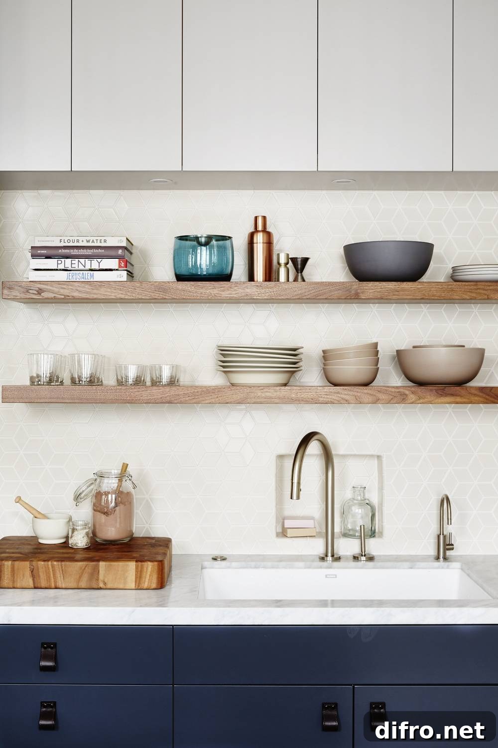 Curated open kitchen shelves with ceramics and decor