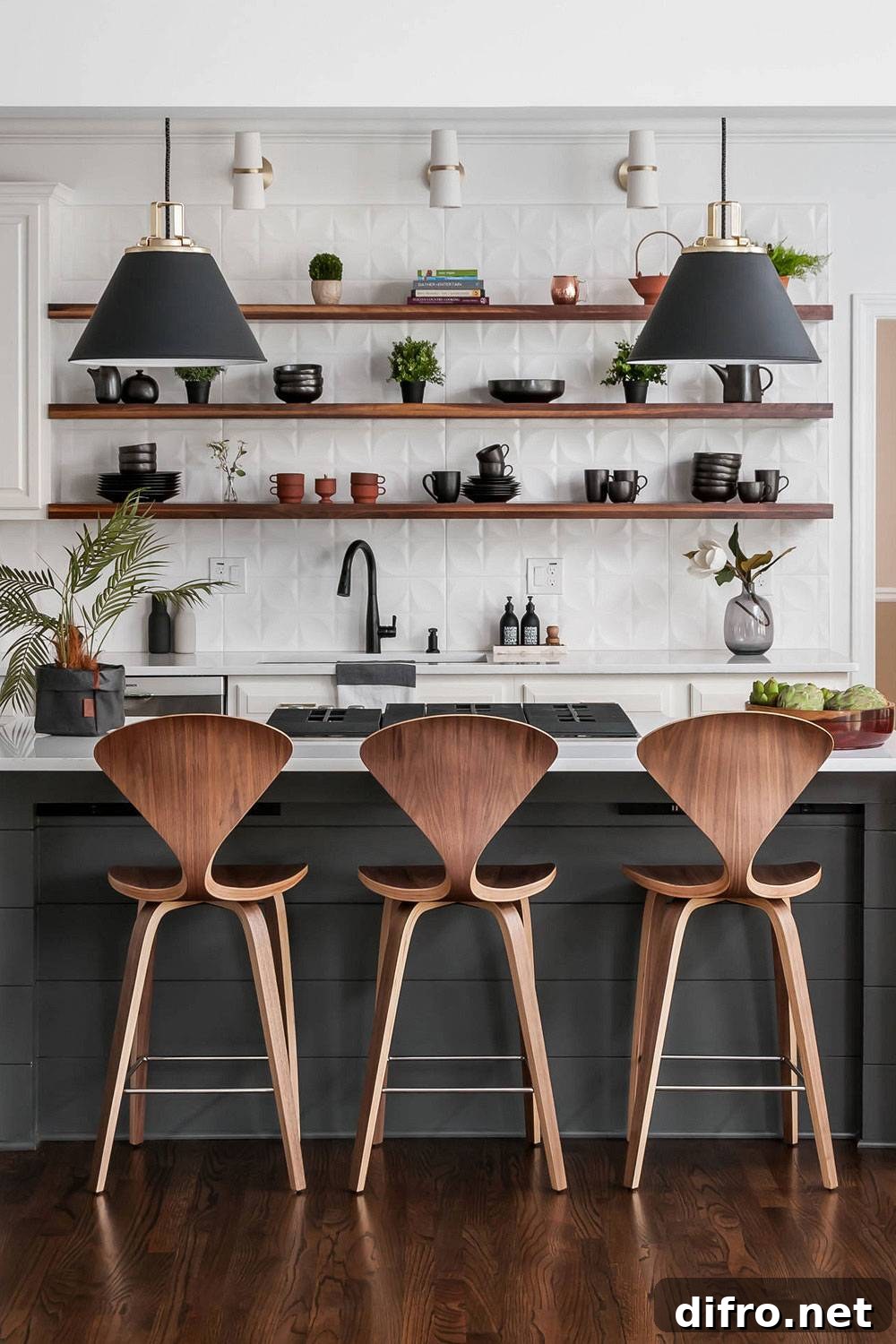 Simple wooden shelves with white backsplash