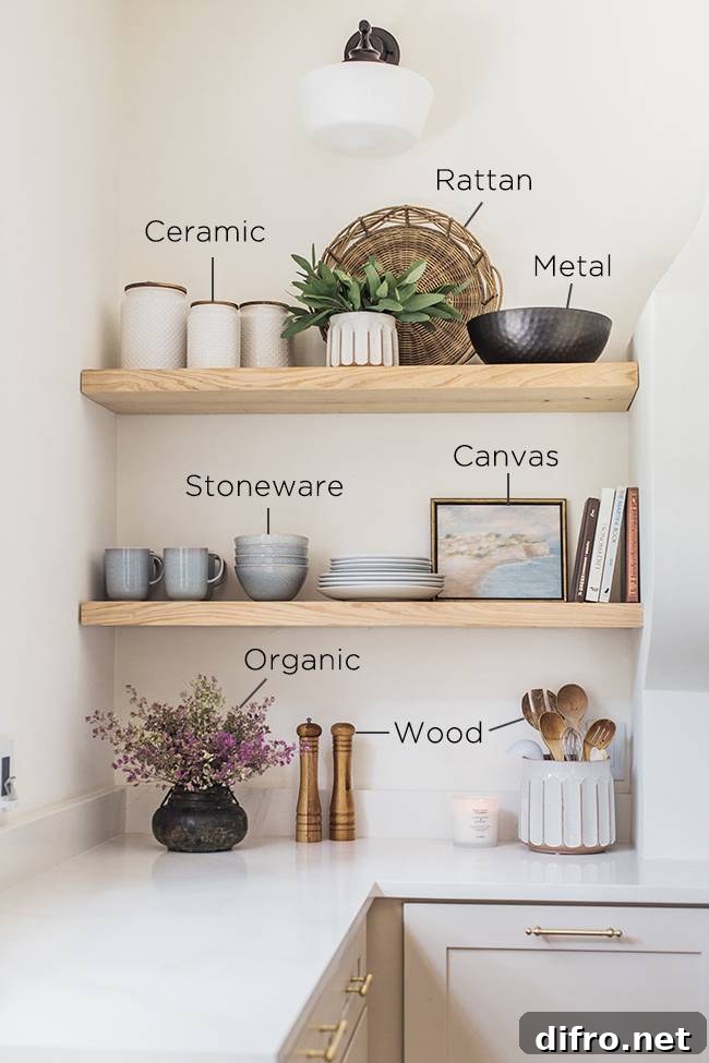 Staged open shelves showing textures and layering