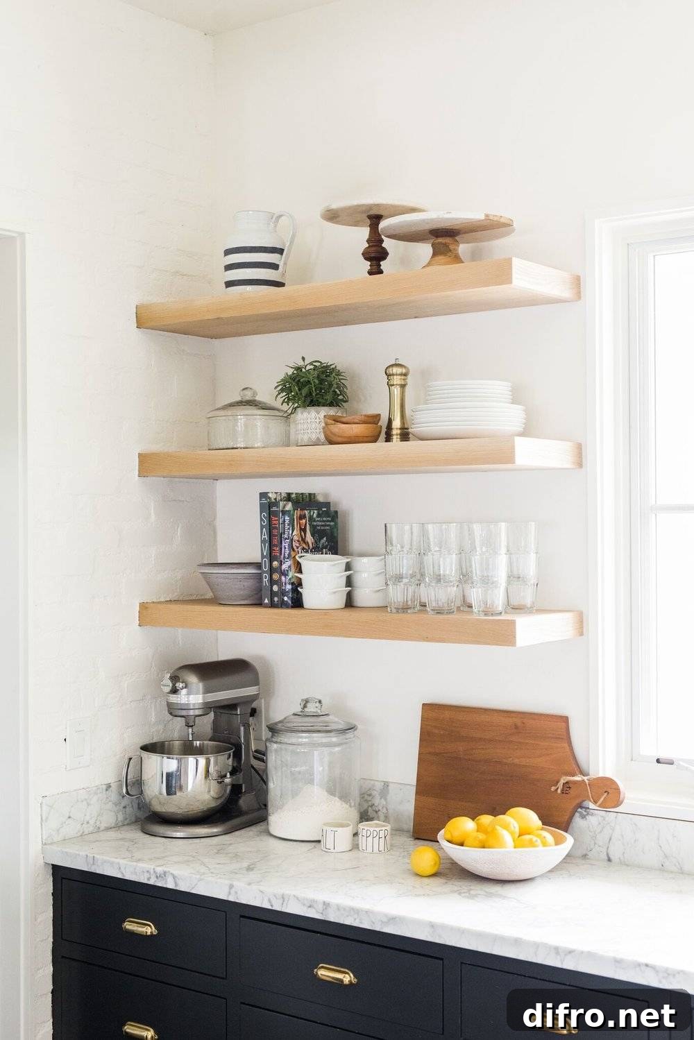 Open shelves with layered objects varying in height