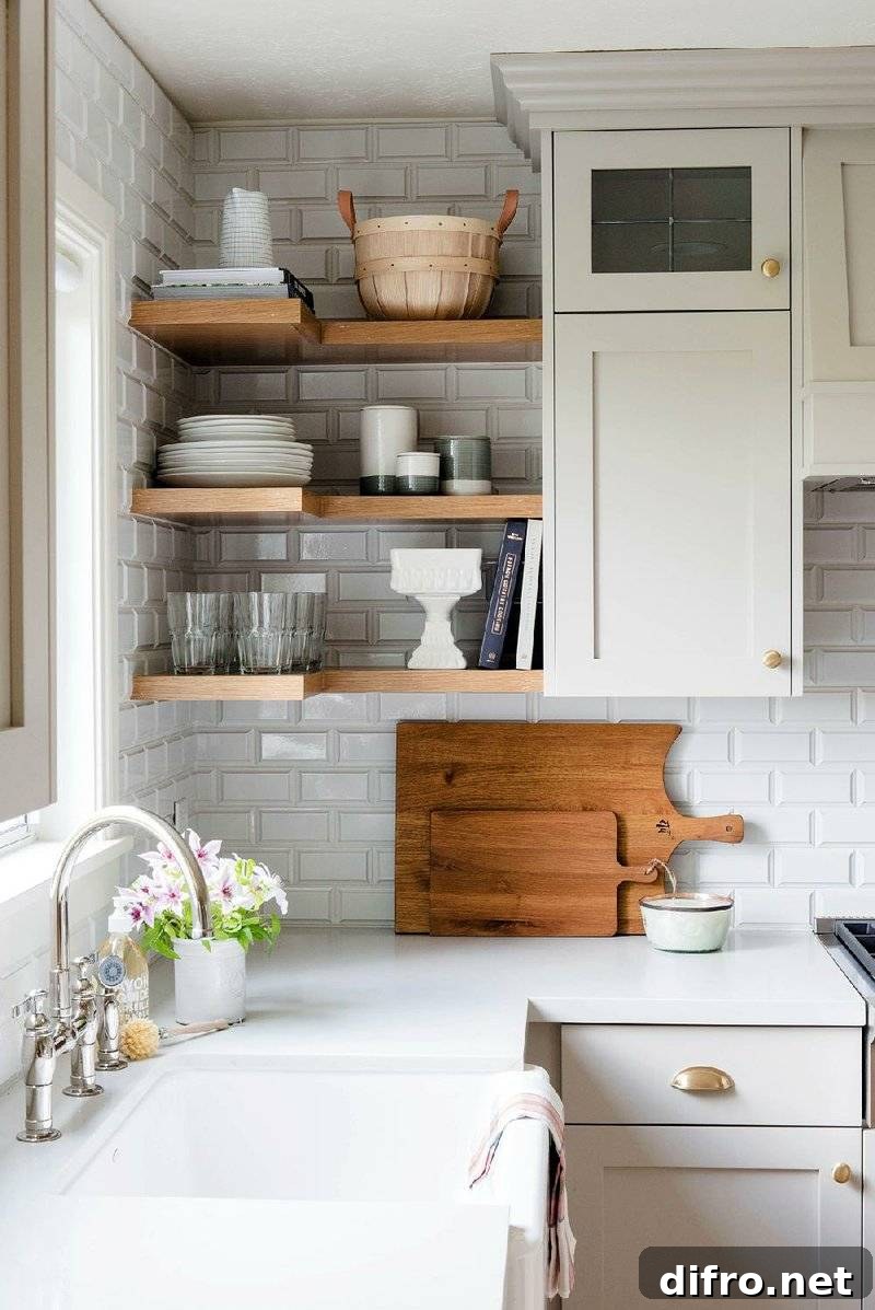 Wooden open shelving displaying dinnerware and decor