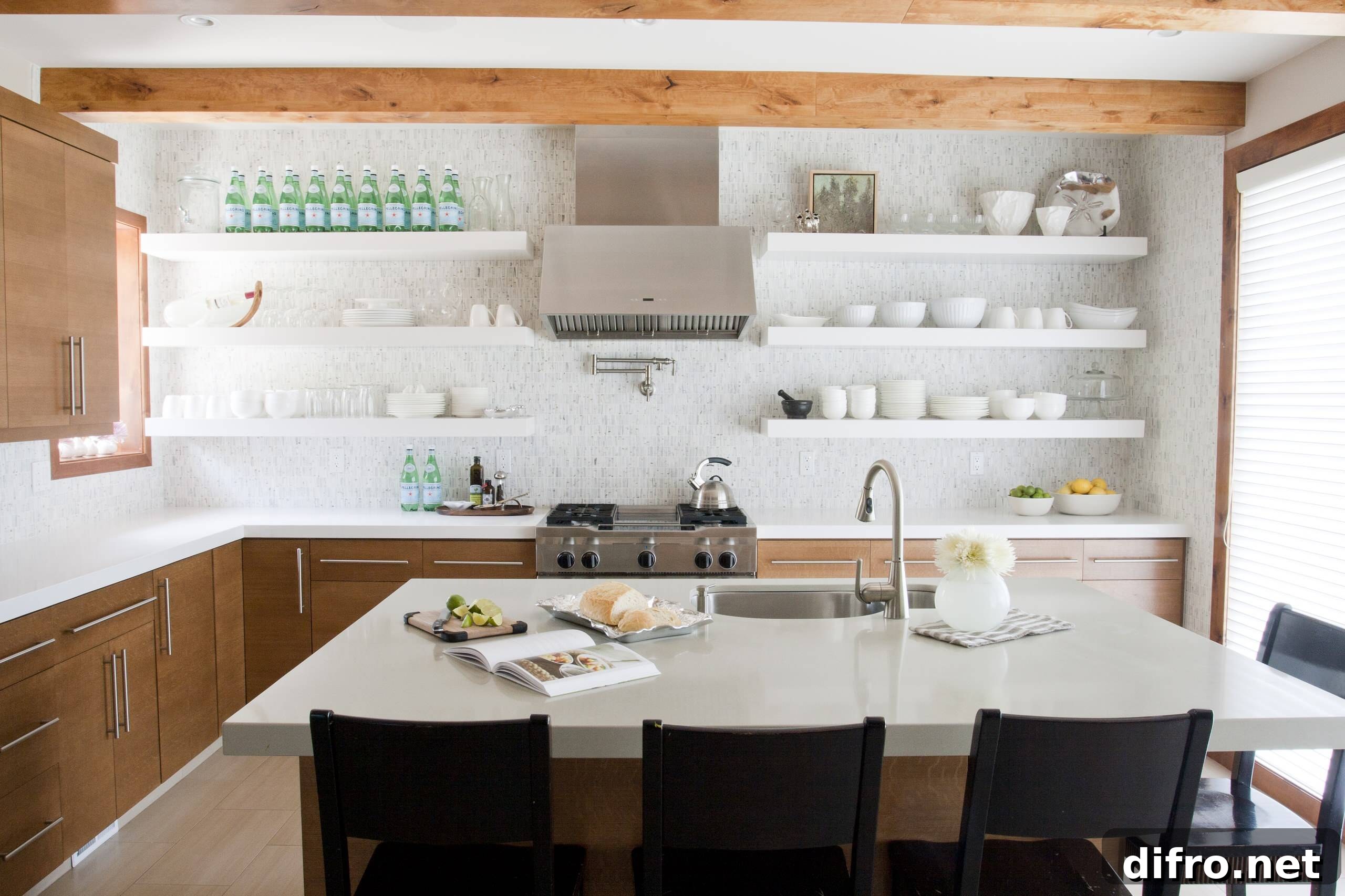 Symmetrical open shelving arrangement in a kitchen