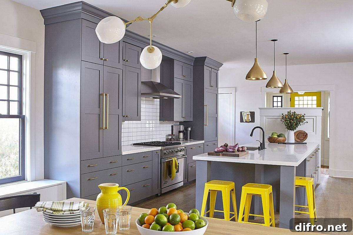 Exquisite kitchen in white and gray with splashes of yellow