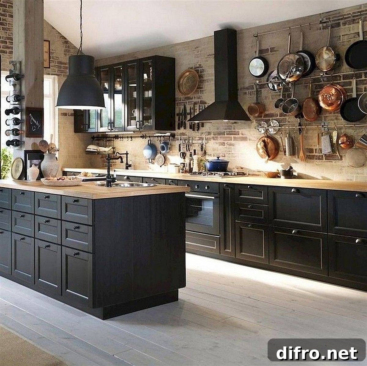 Timeless kitchen with brick walls and black wood cabinets along with wooden countertops