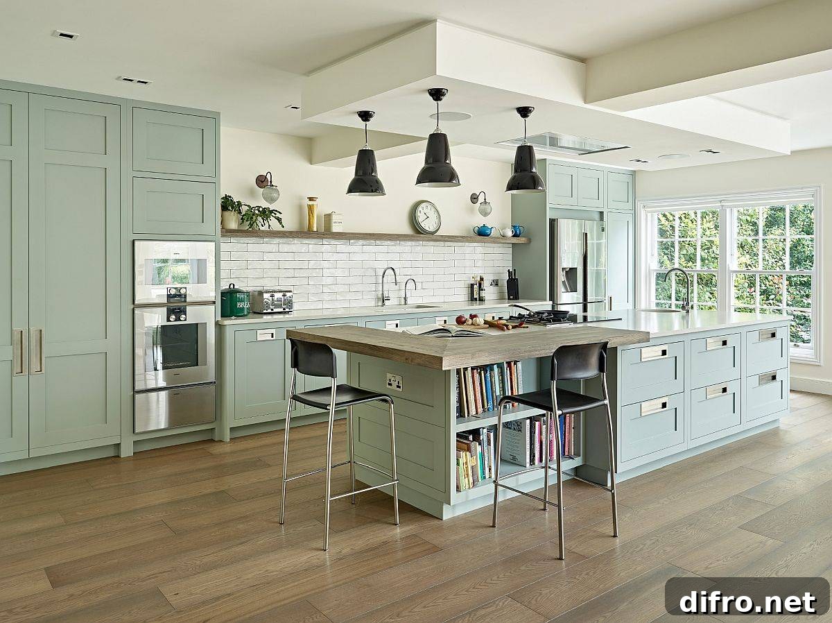Lighter tones of green used more extensively in the kitchen