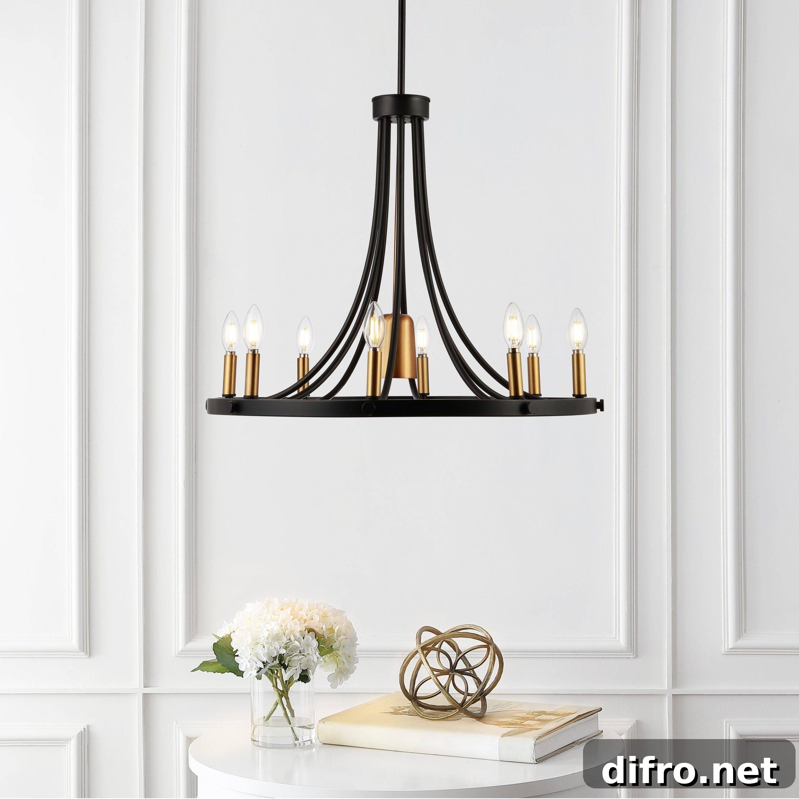 Transitional modern chandelier above dining table