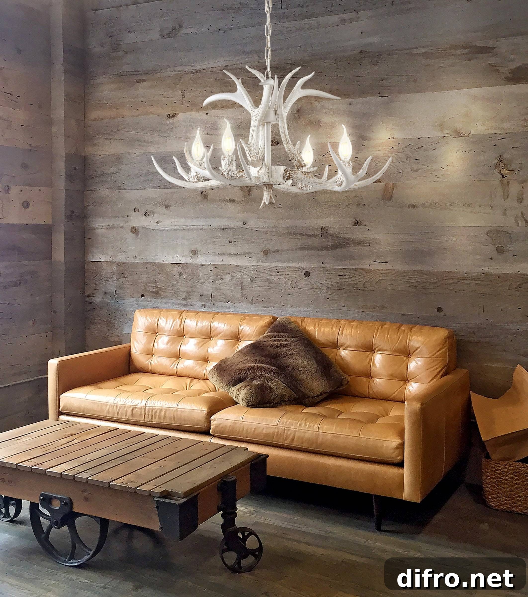 Antler chandelier in rustic living room