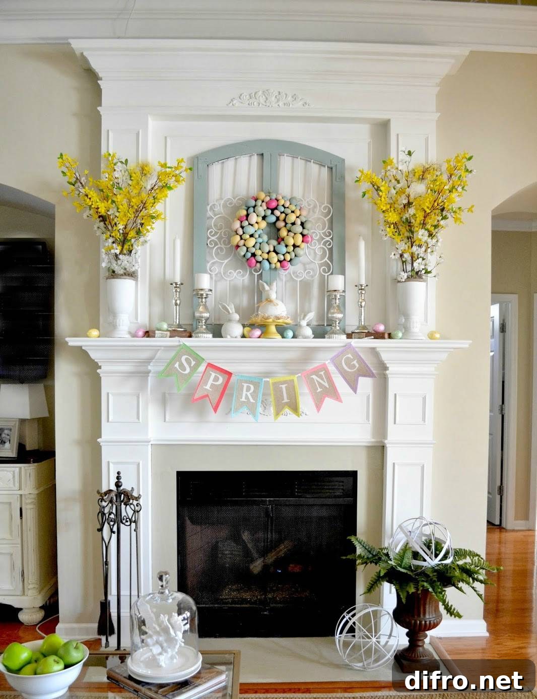 Easter egg wreath anchors the mantel