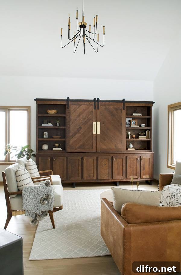 Custom entertainment cabinet with sliding barn doors concealing devices