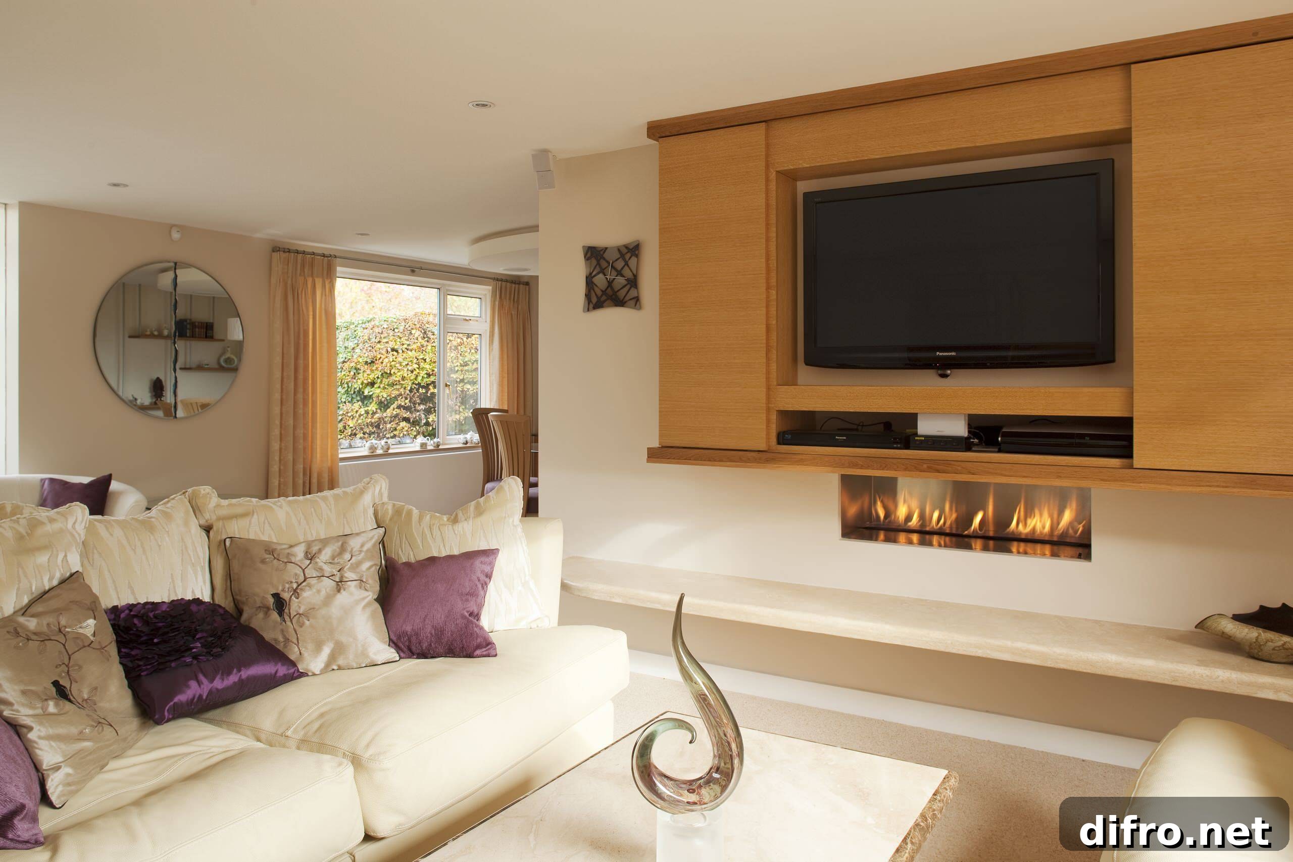 Wall unit with TV integrated into cabinetry and shelves
