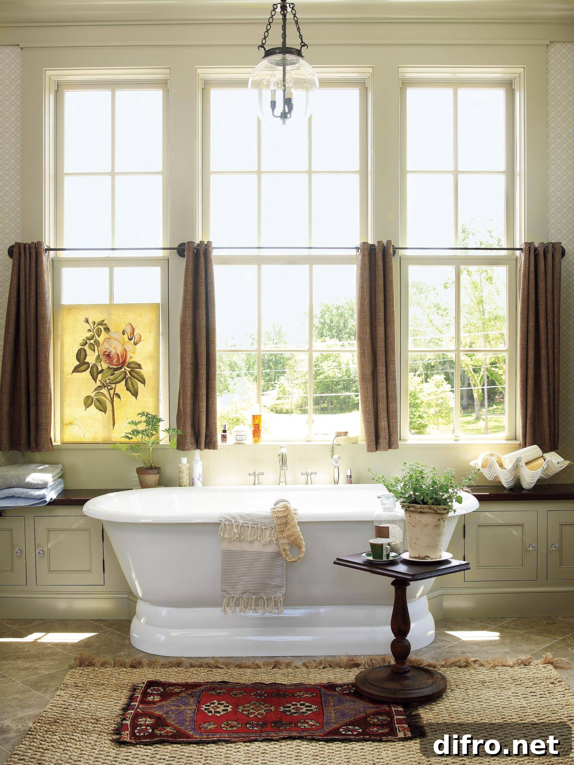 Rustic bathroom with warm neutral curtains