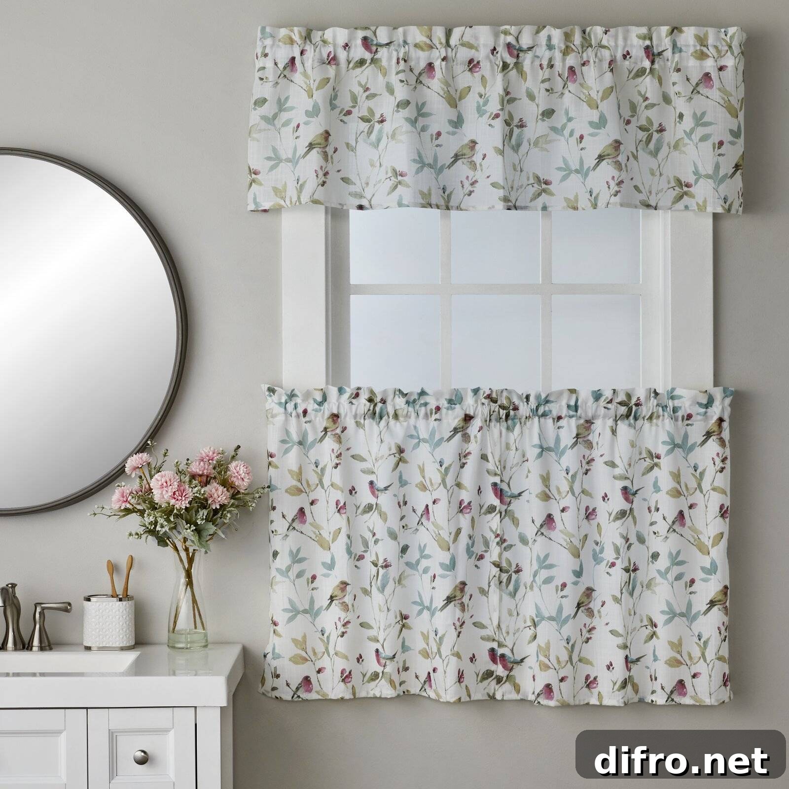 Floral patterned curtains brightening a bathroom