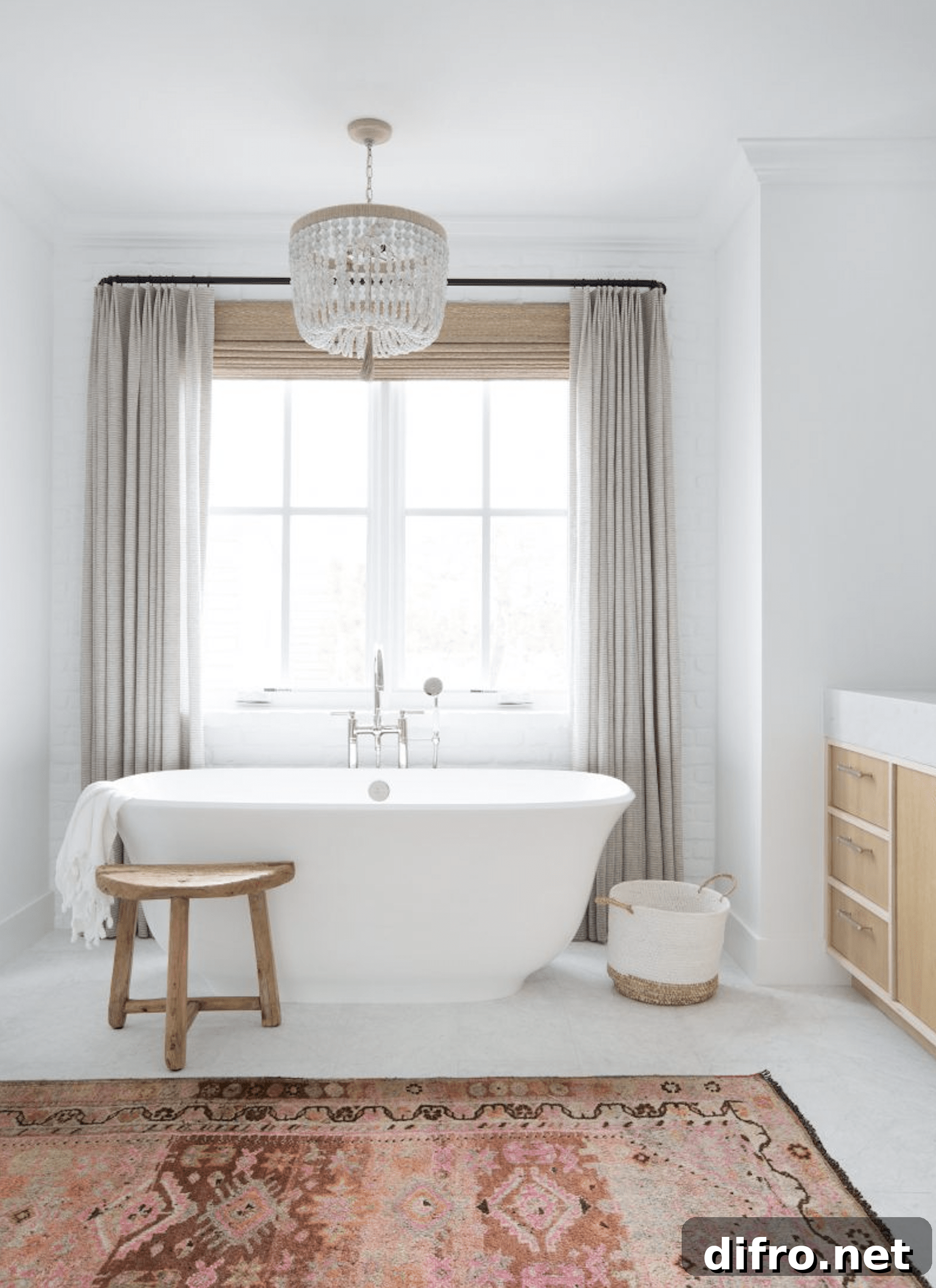 Textured curtains and bamboo blinds in a bathroom