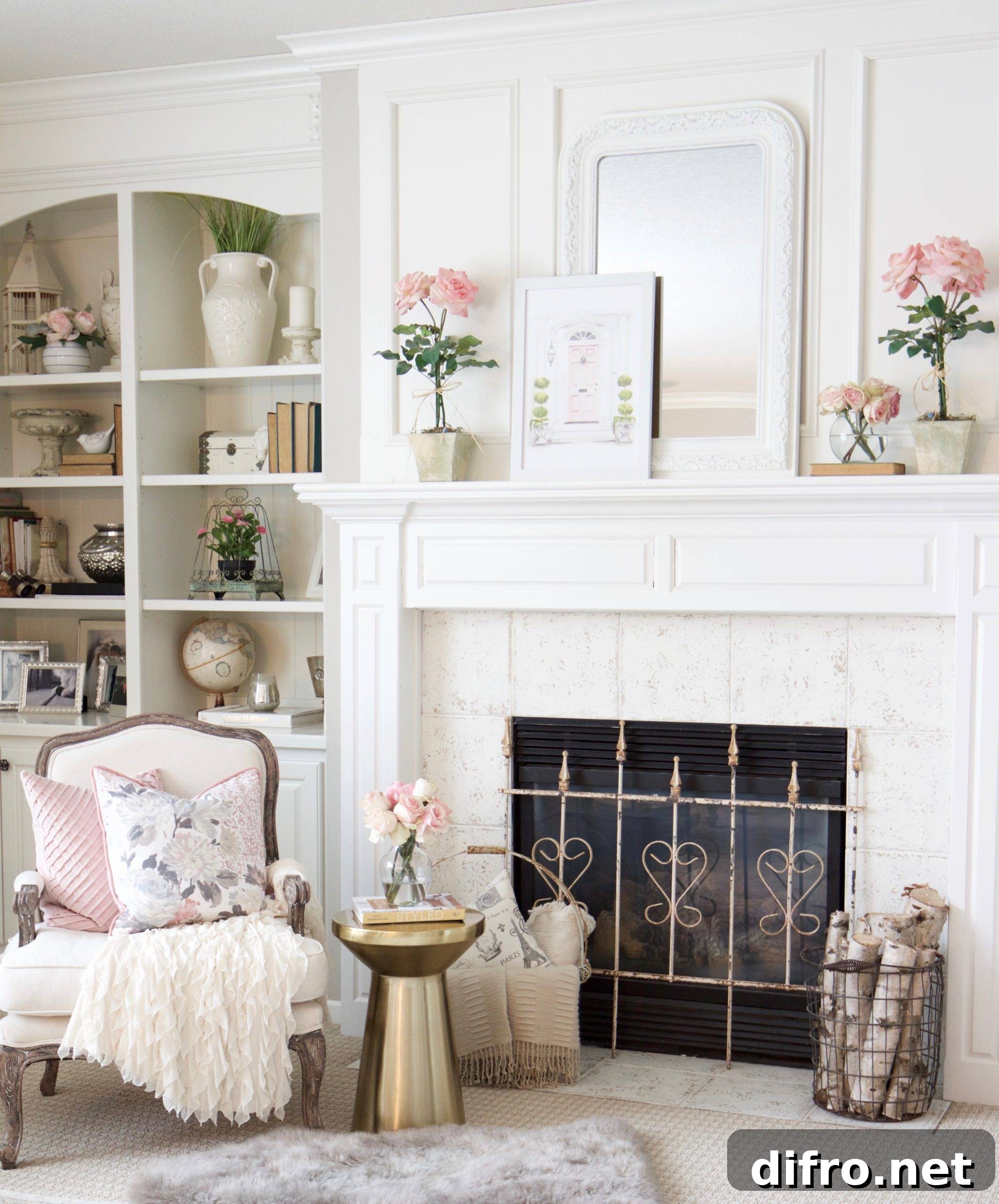 Romantic spring mantel styling with soft pastels