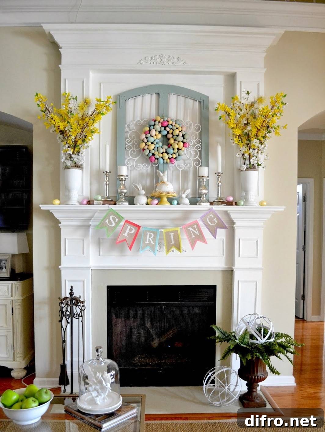 Colorful Easter mantel with egg wreath and yellow flowers