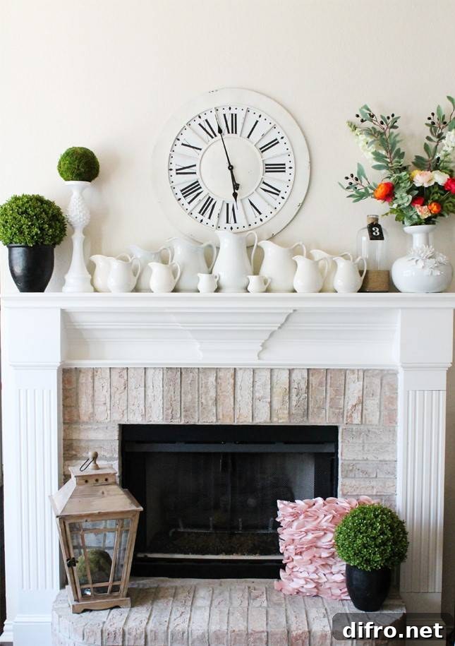 Vintage spring mantel with pitchers and retro clock