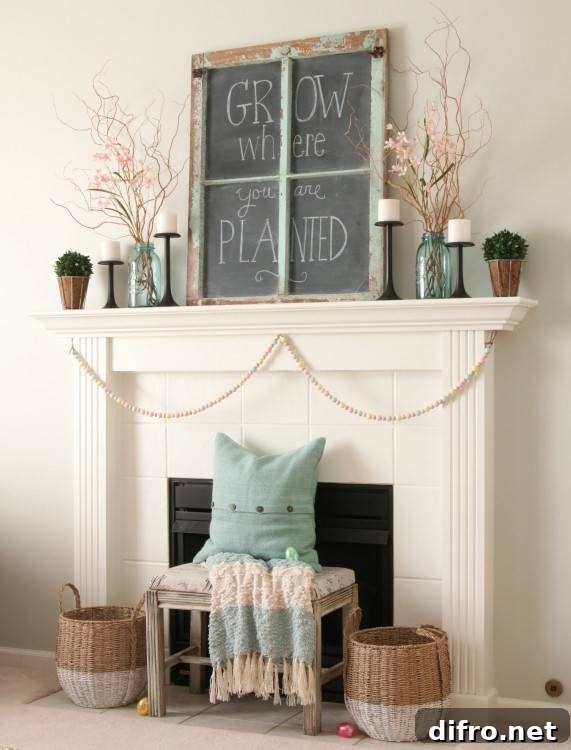 Curated fireplace with chair and woven baskets