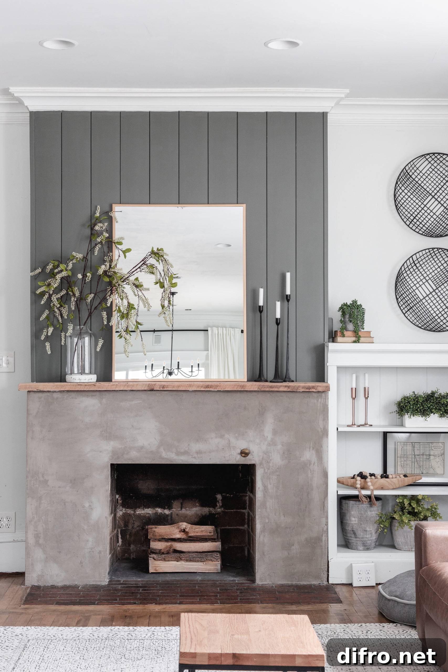 Minimalist spring mantel with mirror and branches
