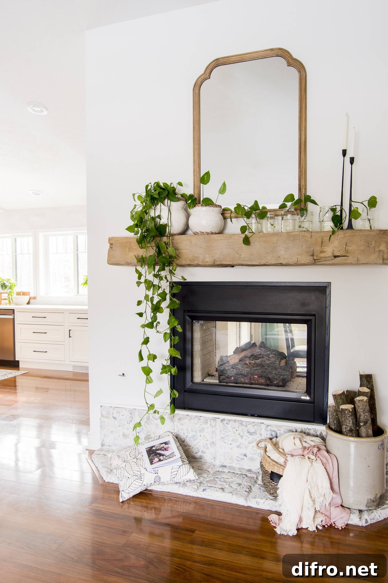 Wooden mantel with long pothos vines for spring