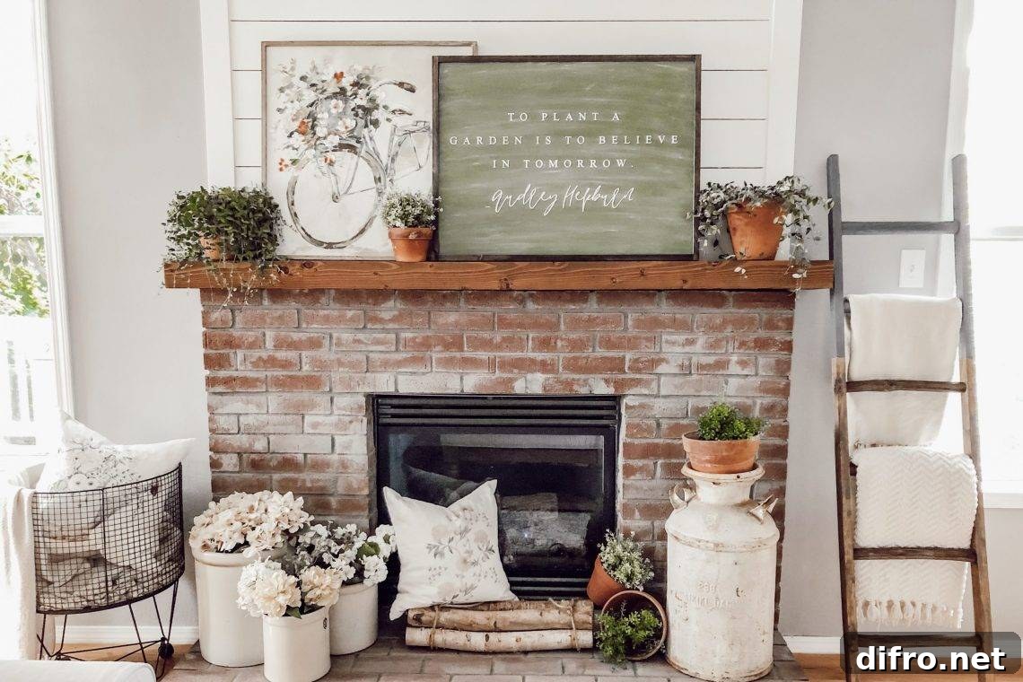 Rustic cozy spring mantel with vintage prints