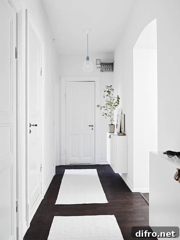 Narrow entryway with wall-mounted cabinets and clean lines