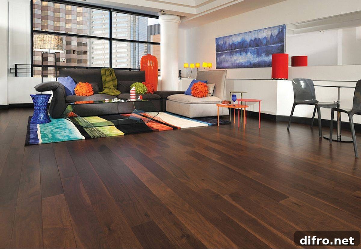 Modern living room showcasing wood floors