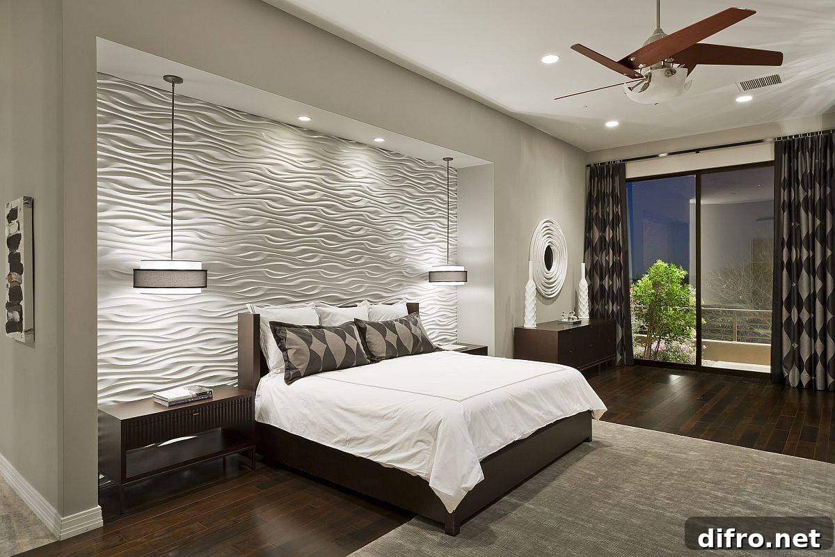 Contemporary bedroom with wavy 3D wall panels