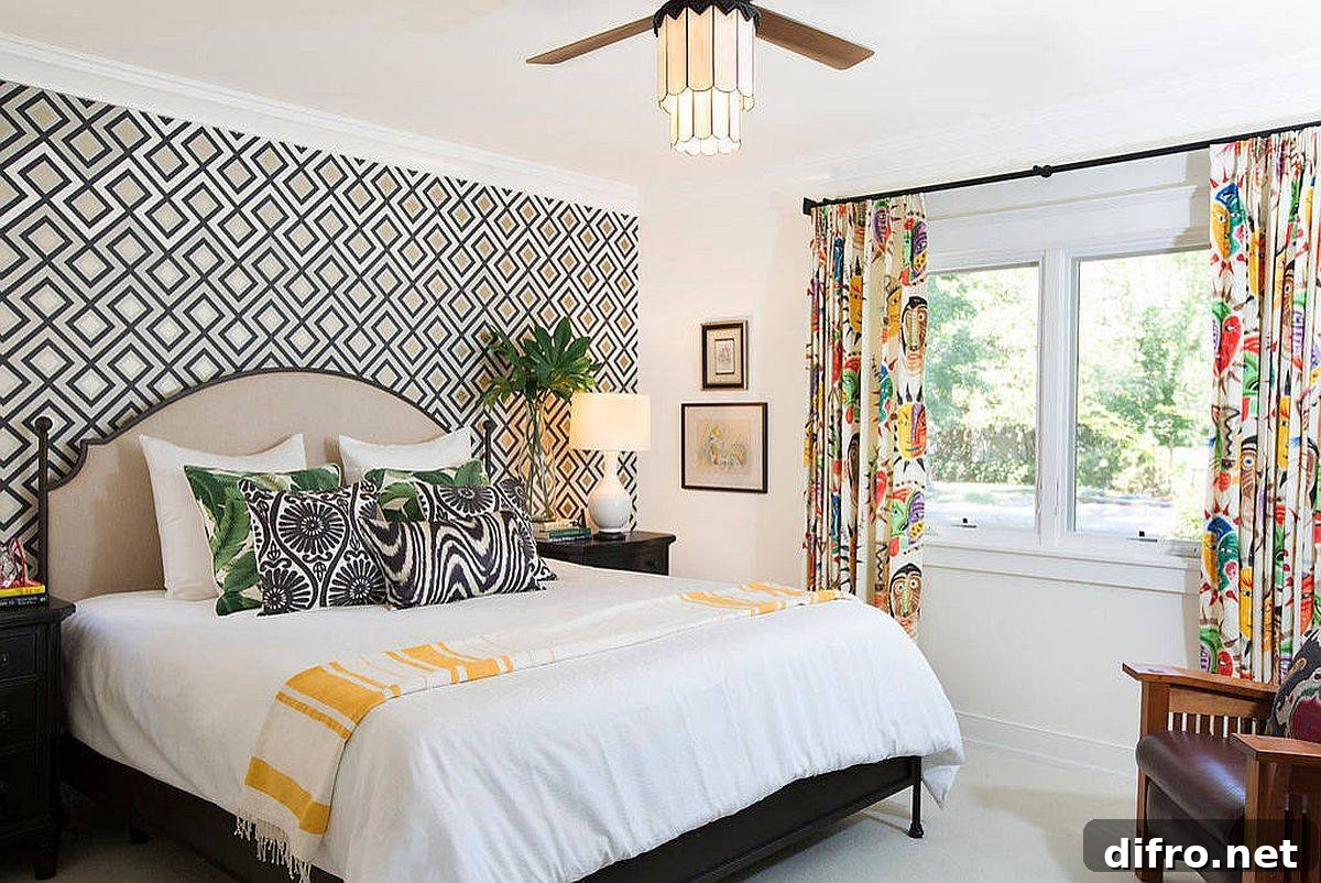 Bold Hicks-style wallpaper and drapes in a contemporary bedroom