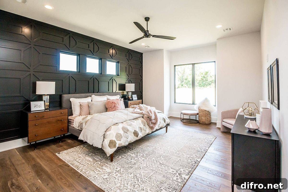 Dark geometric bedroom accent wall in white space