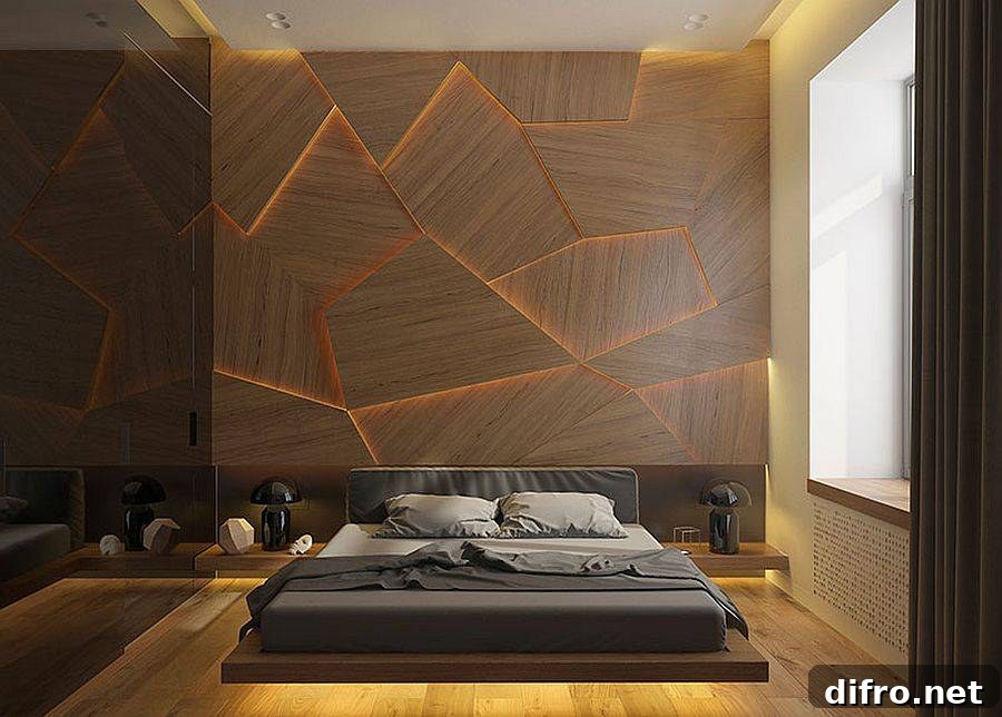 Wood accent wall with geometric panels and LED lighting
