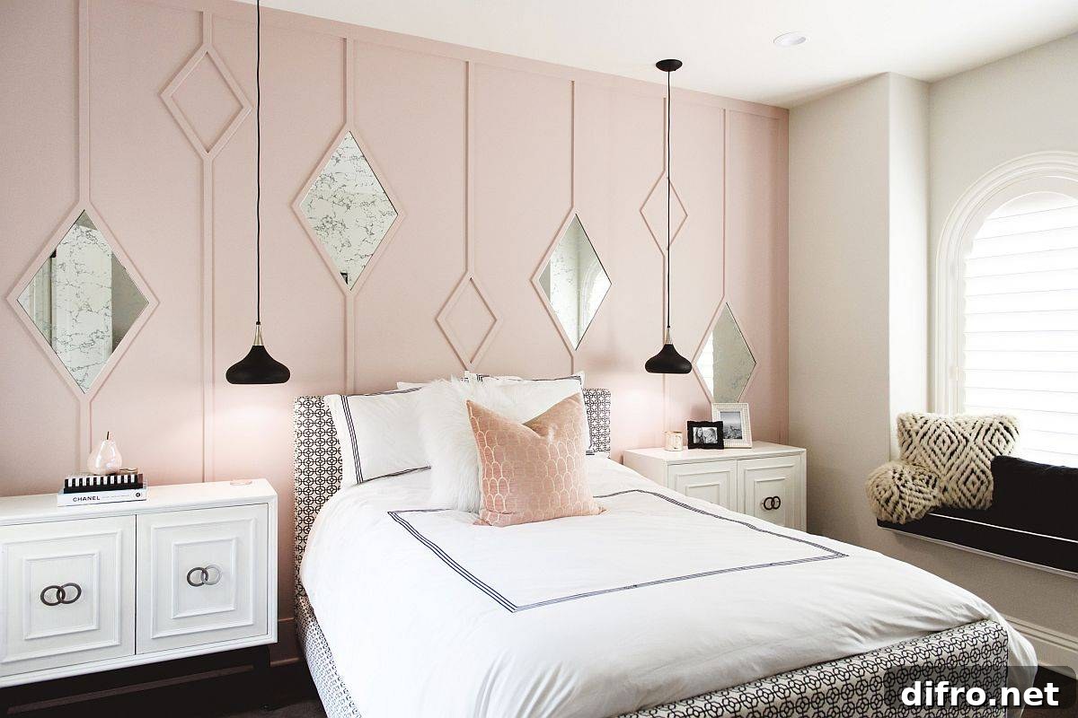 Pink bedroom with a custom geometric accent wall