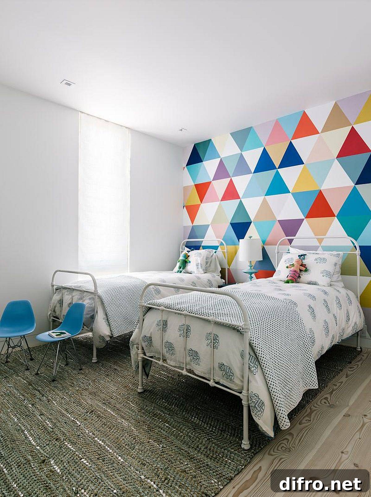 Vibrant multi-colored geometric accent wall in a teen bedroom
