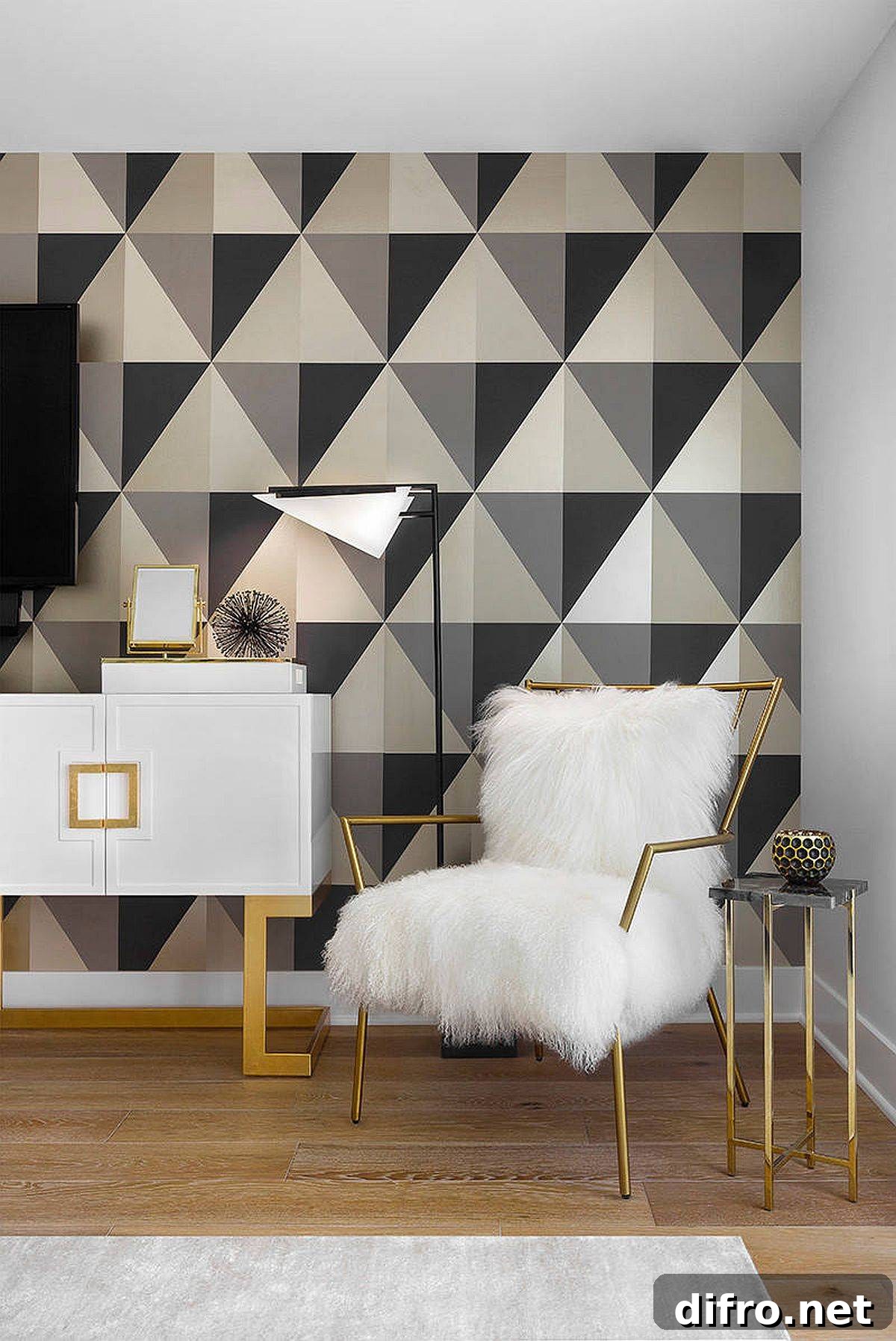 Transitional bedroom with a black-and-white geometric accent wall and glamorous touches