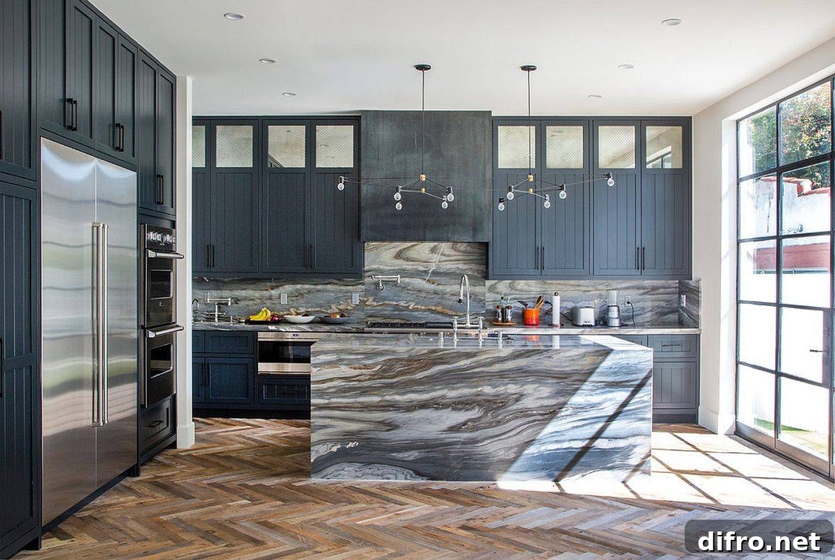 Kitchen with stone slab backsplash and island