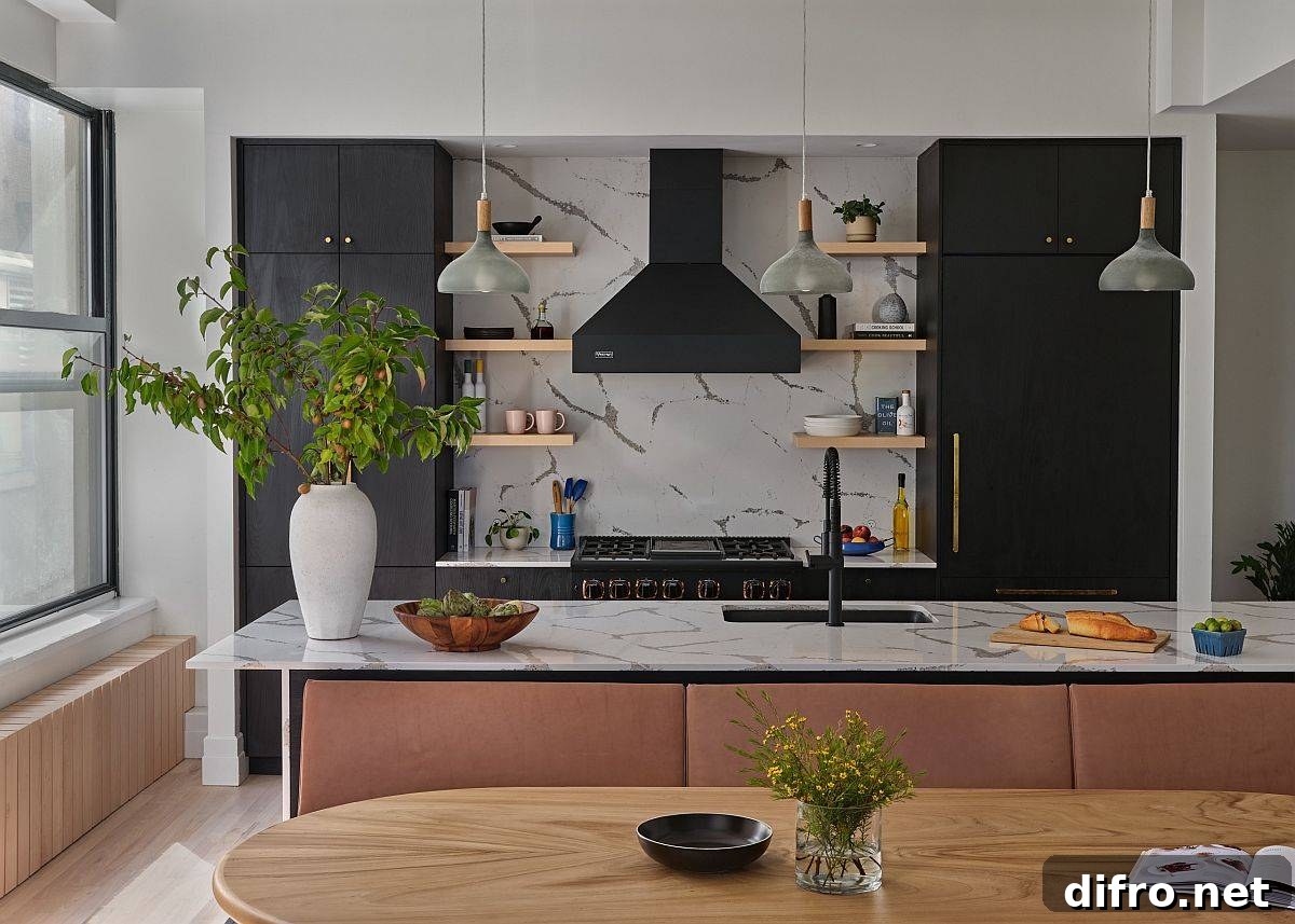 New York kitchen with stone slab backsplash matching the island countertop