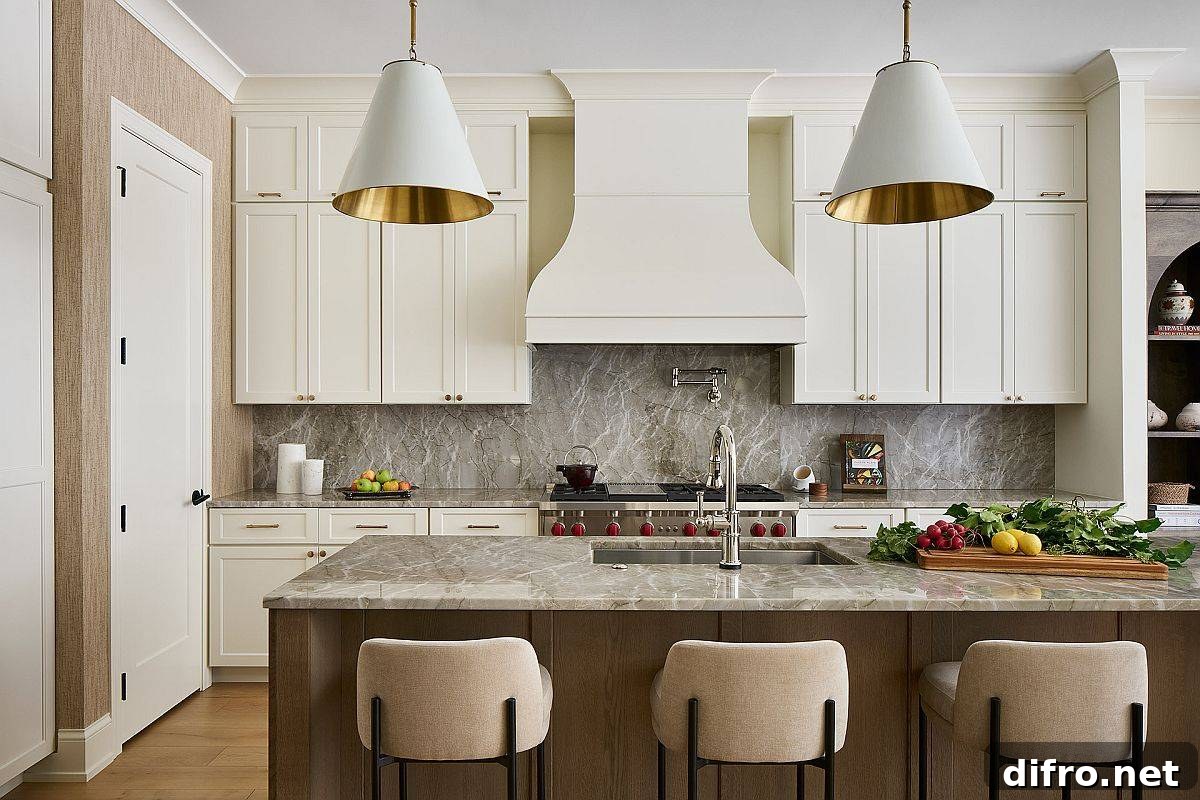 Kitchen showing a non-white stone slab backsplash in warm tones