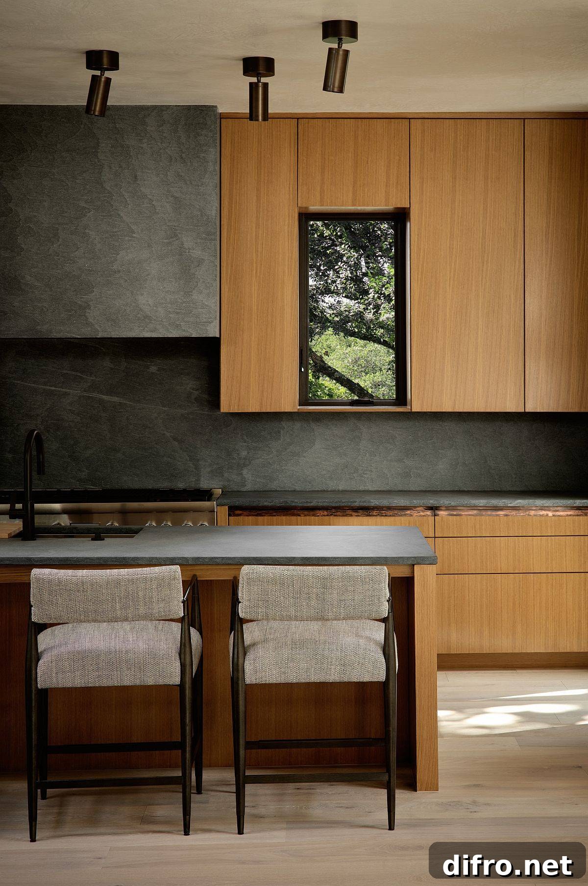 Minimal modern kitchen with dark stone backsplash and wood accents
