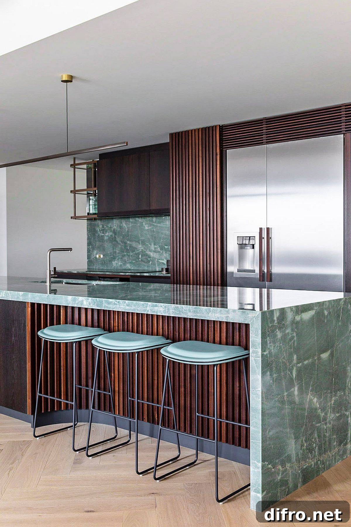 Kitchen where backsplash stone is repeated on countertops